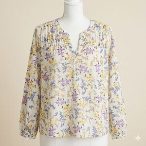 Liz Claiborne Floral Boho Peasant Blouse XL Gauze 3/4 Puff Sleeve Henley Tunic